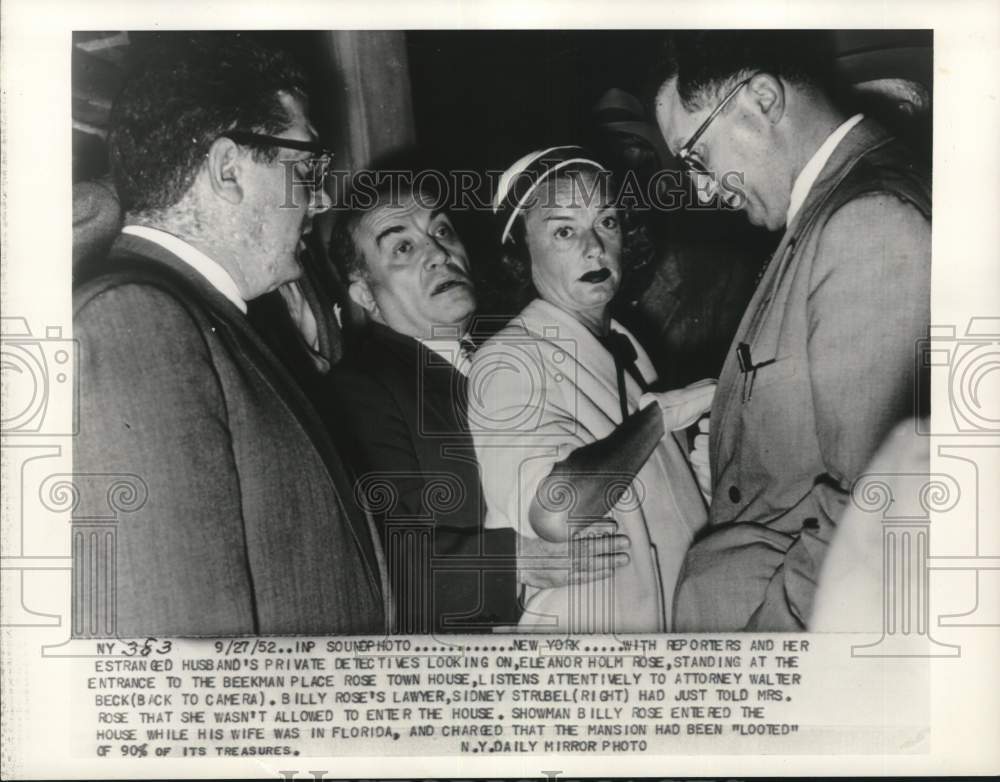 1952 Press Photo Swimmer Eleanor Holm & newsmen outside townhouse in New York- Historic Images