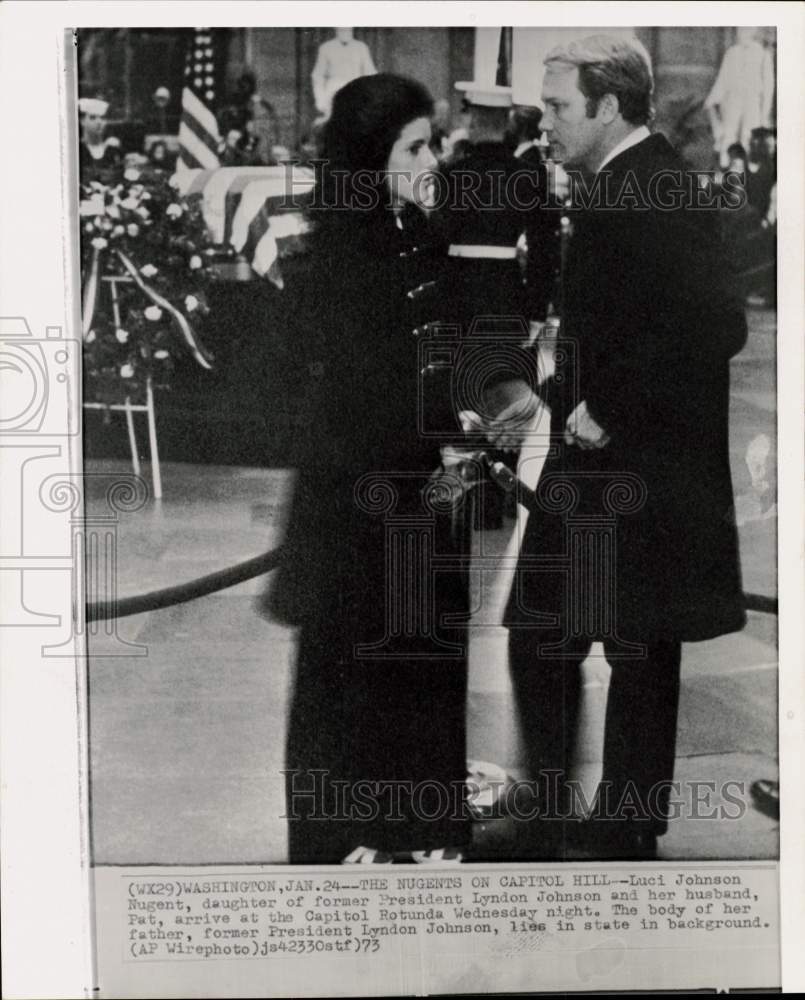 1973 Press Photo Luci Nugent &amp; husband Pat at ex-President Johnson&#39;s funeral, DC- Historic Images