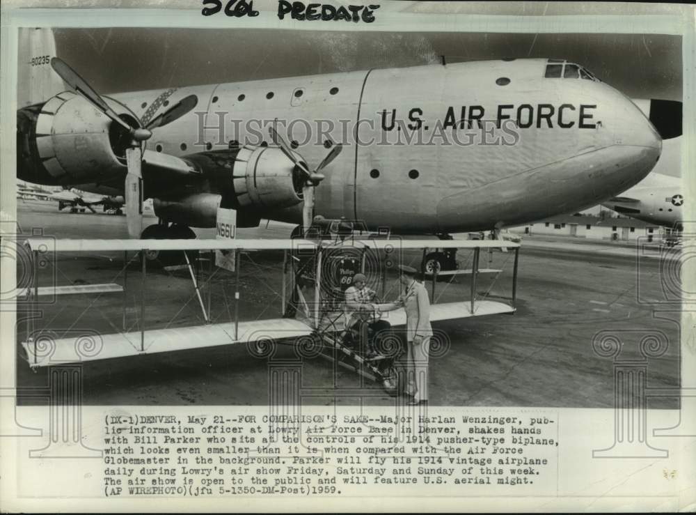 1959 Press Photo Bill Parker, 1914 pusher-type biplane, Lowry Air Force, Denver- Historic Images