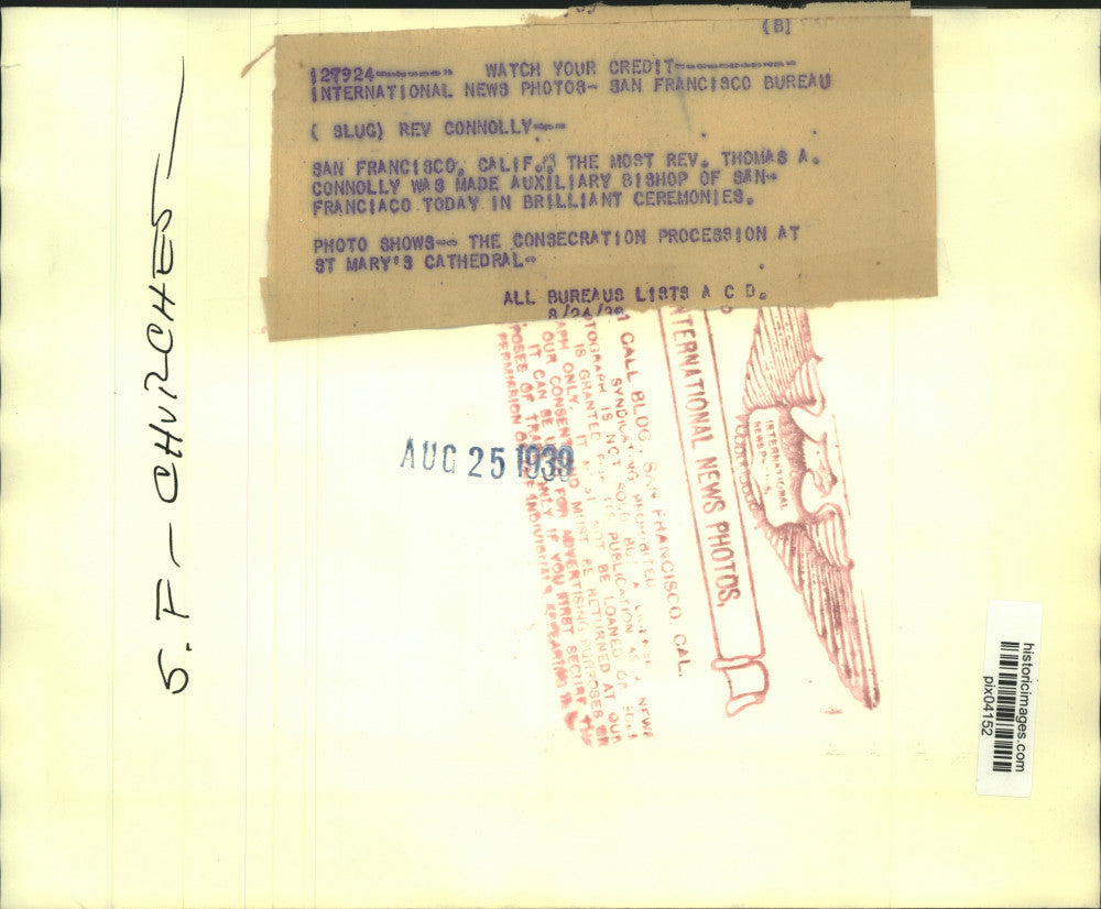 1939 Press Photo Connolly Is Made Bishop At Ceremony At St. Mary's In SF