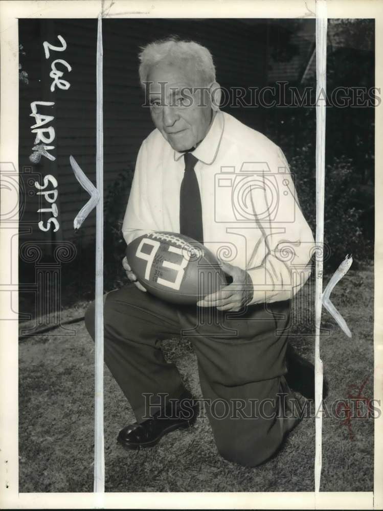 1955 Press Photo Amos Alonzo Stagg Holds Football At His 93rd Birthday- Historic Images