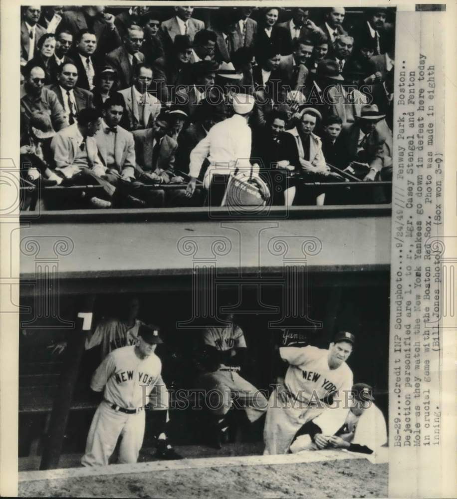1949 Press Photo Manager Casey Stengel & Fenton Mole reaction watching, Boston- Historic Images