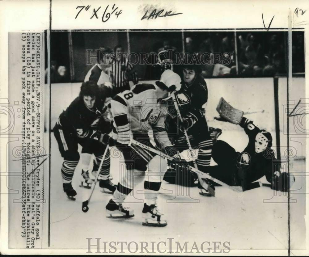 1973 Press Photo Buffalo Sabres' Dave Dryden slides for a save, California- Historic Images