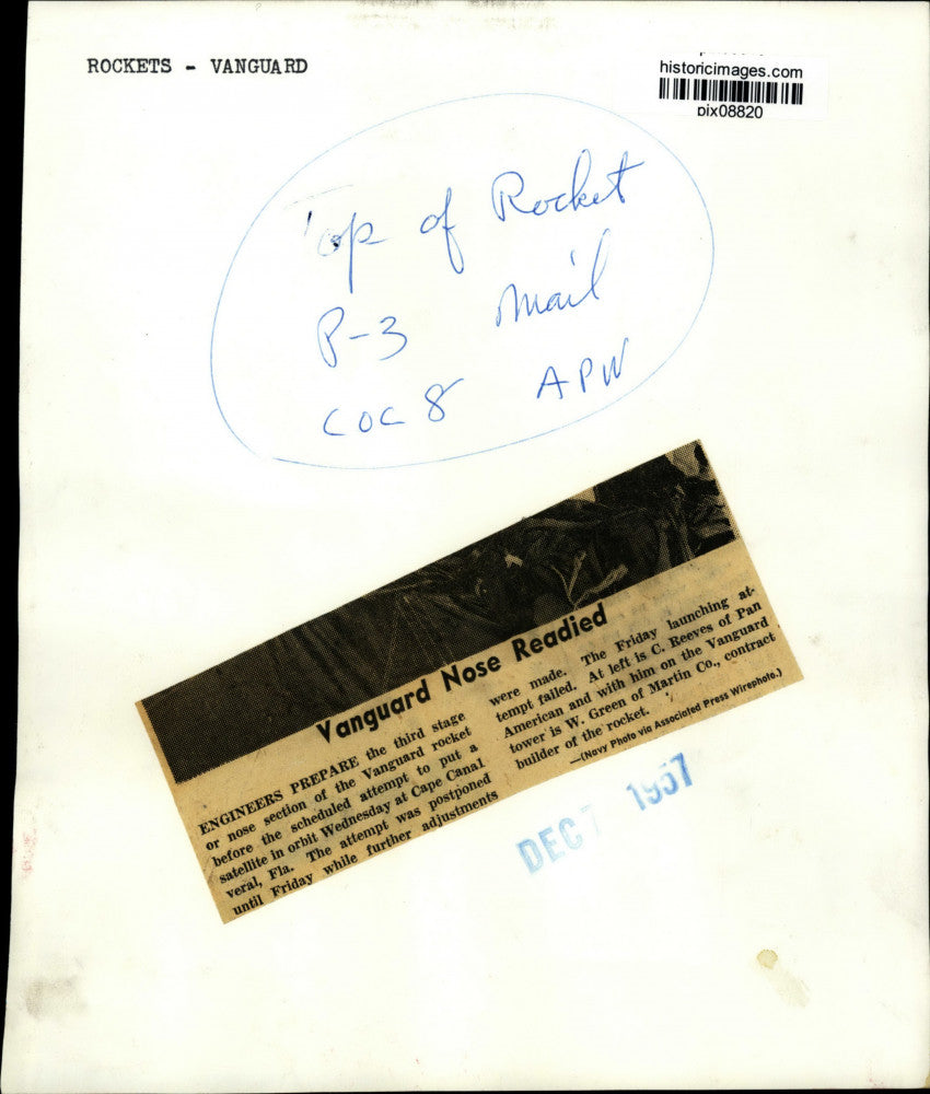 1957 Press Photo Engineers prepare the nose section of Vanguard rocket, Florida