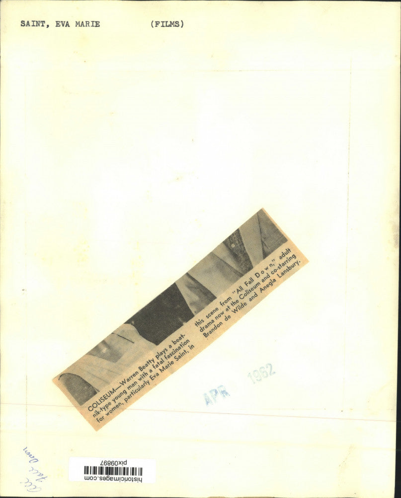 1962 Press Photo Actors Eva Marie Saint & Warren Beatty In Film "All Fall Down"