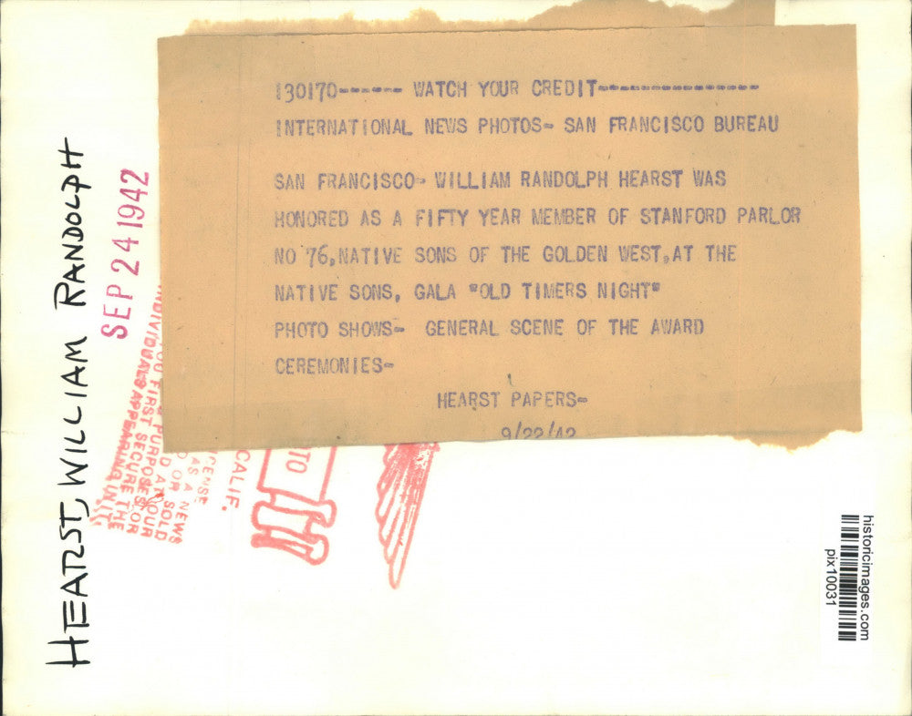 1942 Press Photo William Hearst & others at Stanford Parlor award ceremony, CA