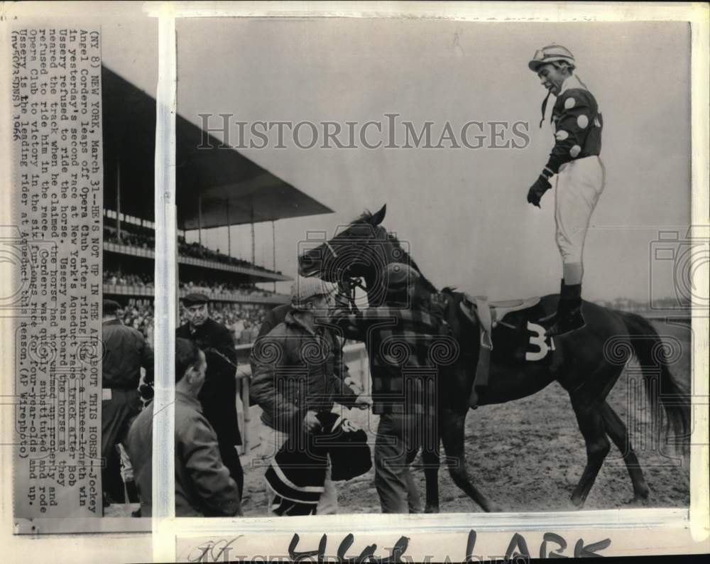 1966 Press Photo Jockey Angel Cordero standing on Opera Club, Aqueduct Racetrack- Historic Images