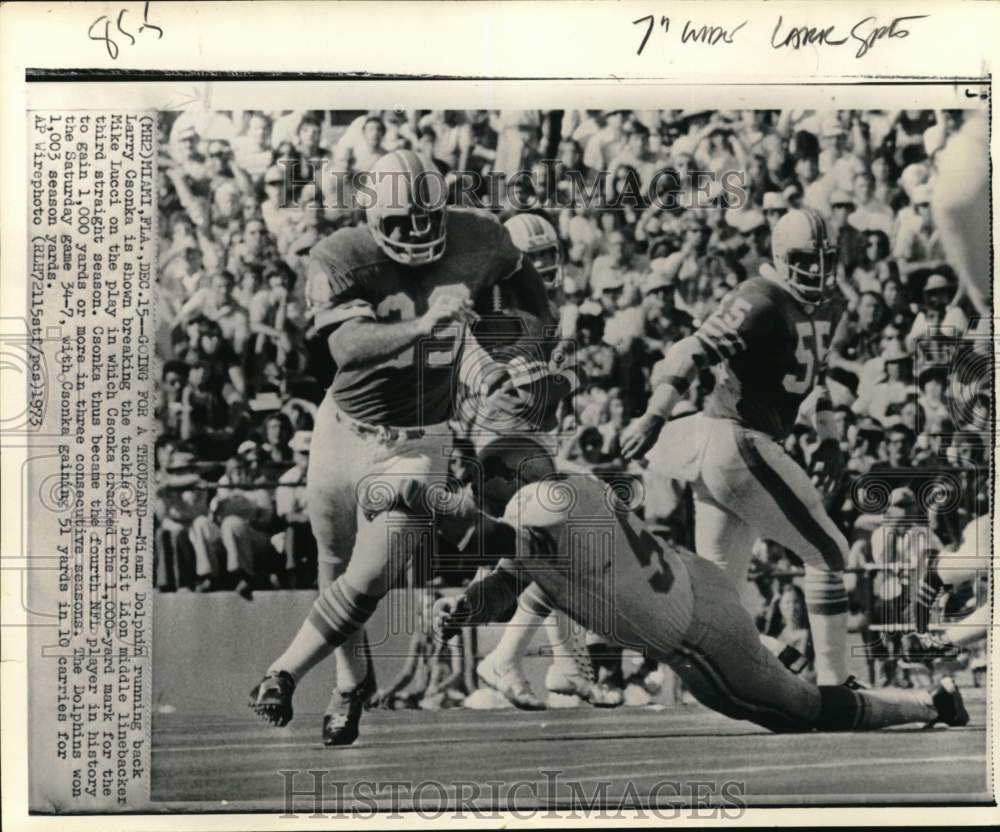 1973 Press Photo Dolphins&#39; Larry Csonka &amp; Lions&#39; Mike Lucci in football game, FL- Historic Images