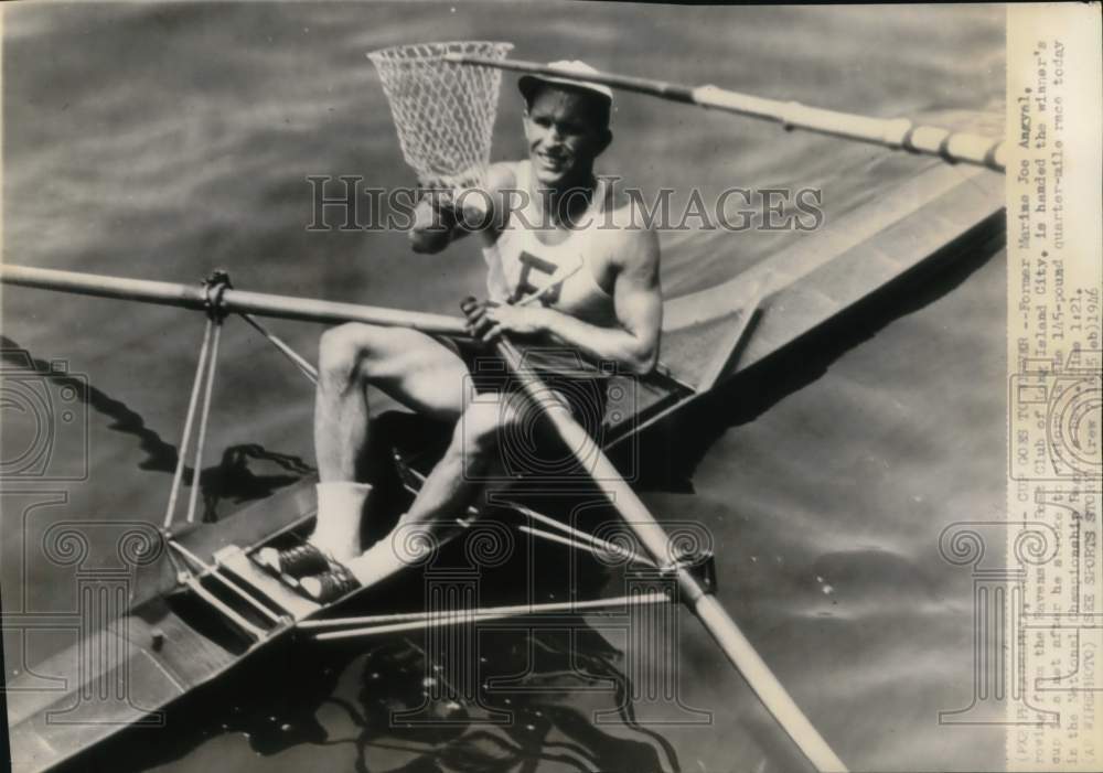 1946 Press Photo Rower Joe Angyal accepting winner's cup in a net - pix12622- Historic Images