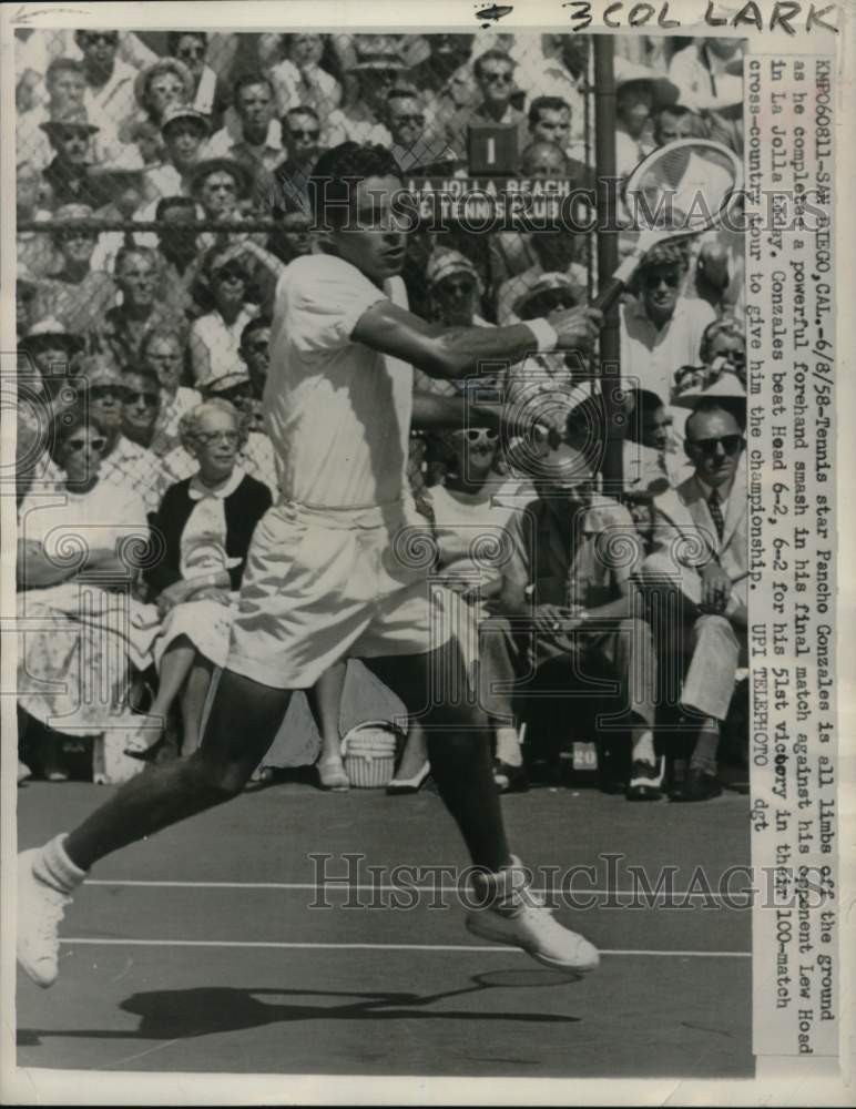 1958 Press Photo Tennis player Pancho Gonzales mid-air, San Diego, California- Historic Images
