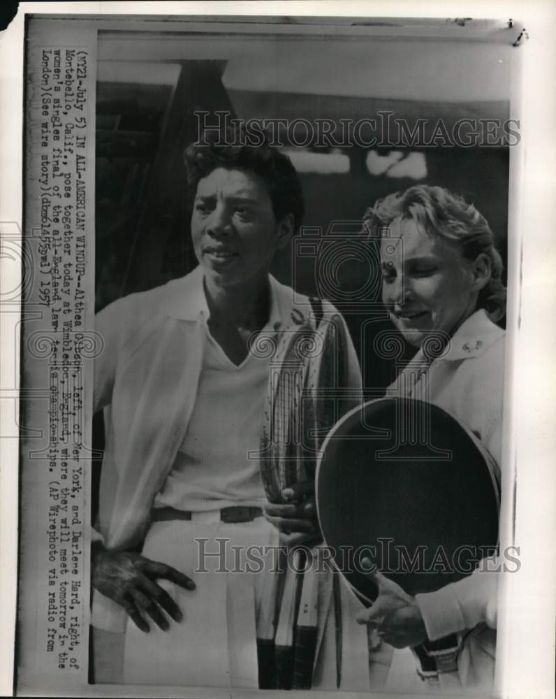 1957 Press Photo Tennis players Althea Gibson &amp; Darlene Hard, Wimbledon, England- Historic Images