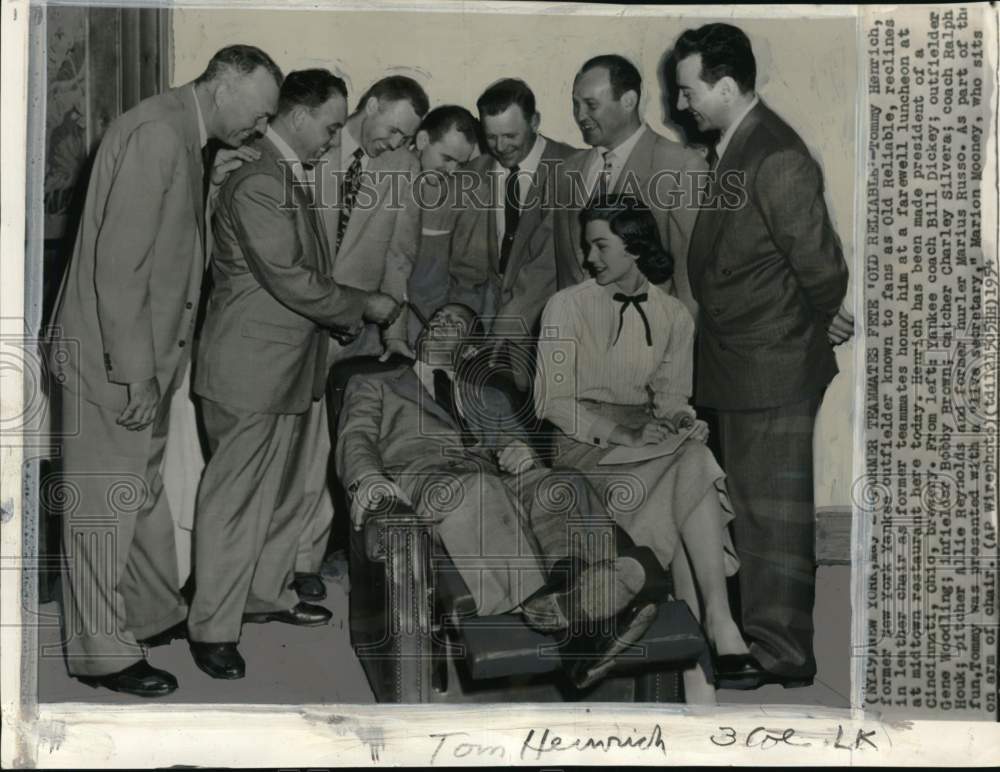 1954 Press Photo Tommy Henrich with former Yankee teammates & Marion Mooney, NY- Historic Images