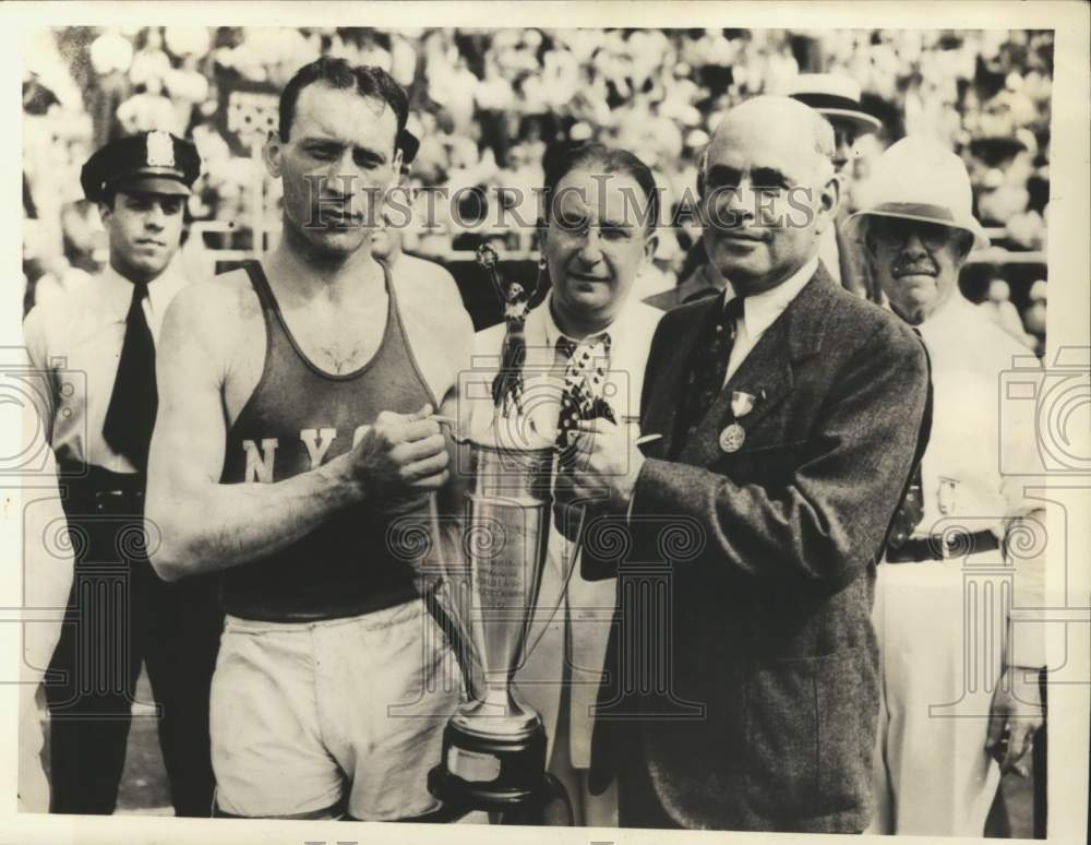 1937 Press Photo Glenn Cunningham receives trophy from Herbert H. Lehman, NY- Historic Images