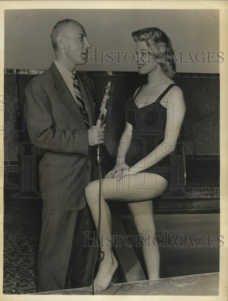 1956 Press Photo Tanya Velia interviewed by &quot;Sports Today With Bill Stern&quot; host- Historic Images