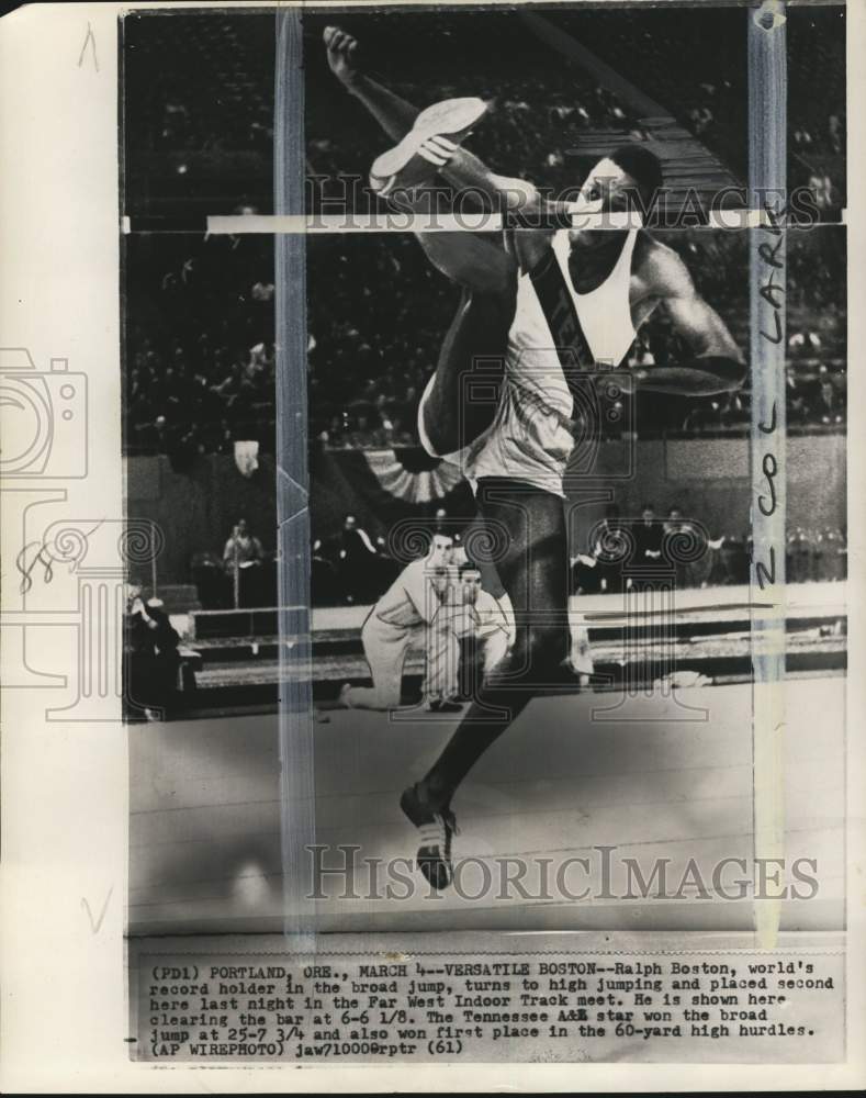1961 Press Photo Jumper Ralph Boston, Far West Indoor Track meet, Portland, OR- Historic Images