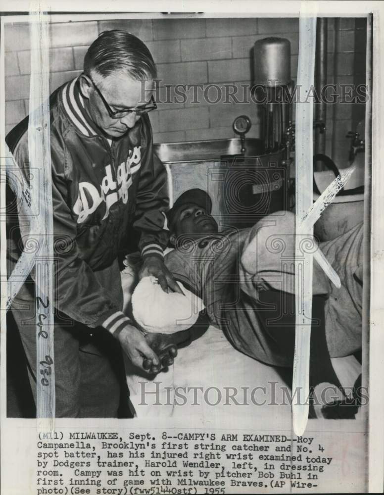 1955 Press Photo Dodgers' baseball player Roy Campanella examined in Milwaukee- Historic Images