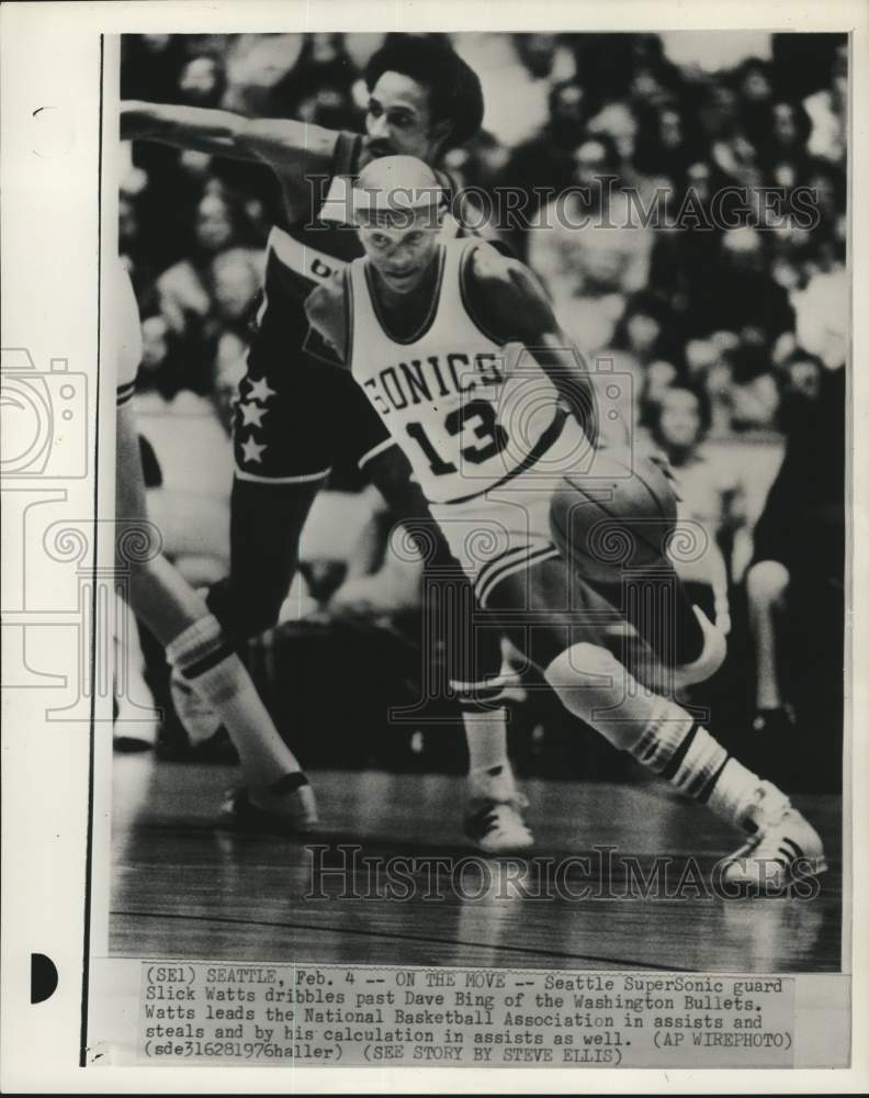 1976 Press Photo Sonics' Slick Watts & Bullets' Dave Bing, Basketball game, WA- Historic Images