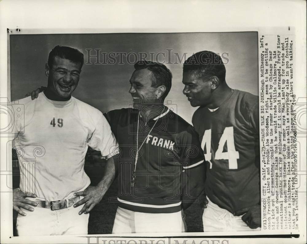 1958 Press Photo 49ers Frankie Albert, Hugh McElhenny, Abe Woodson, Football, CA- Historic Images