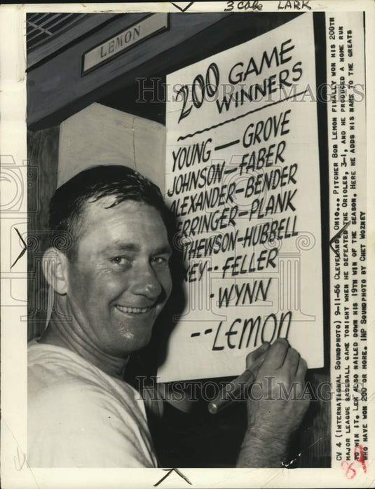1956 Press Photo Bob Lemon in 200 major league baseball game winners list, Ohio- Historic Images