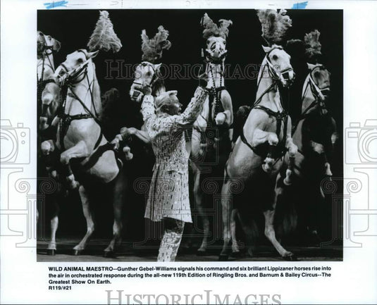 1989 Press Photo Gunther Gebel-Williams & Lippizaner Horses in Circus Show- Historic Images