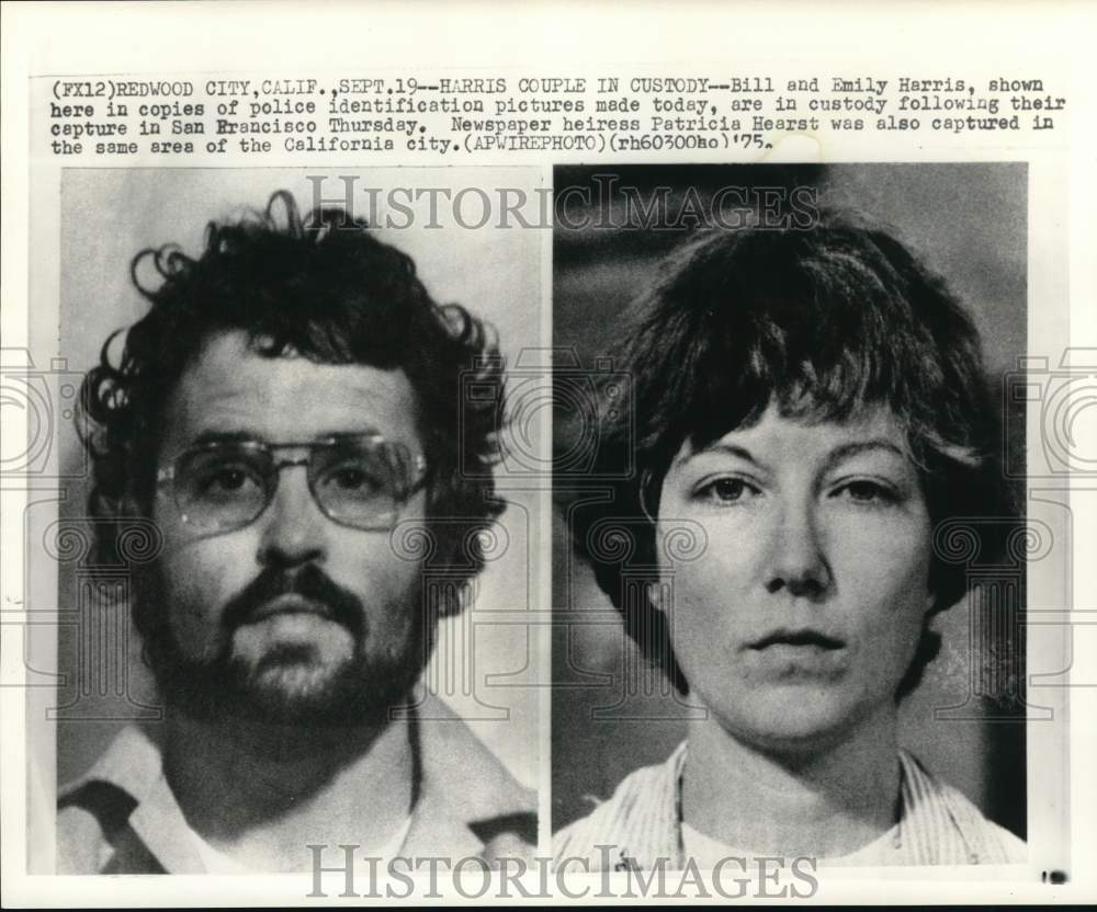 1975 Press Photo Redwood City, California mugshots of Billand Emily Harris