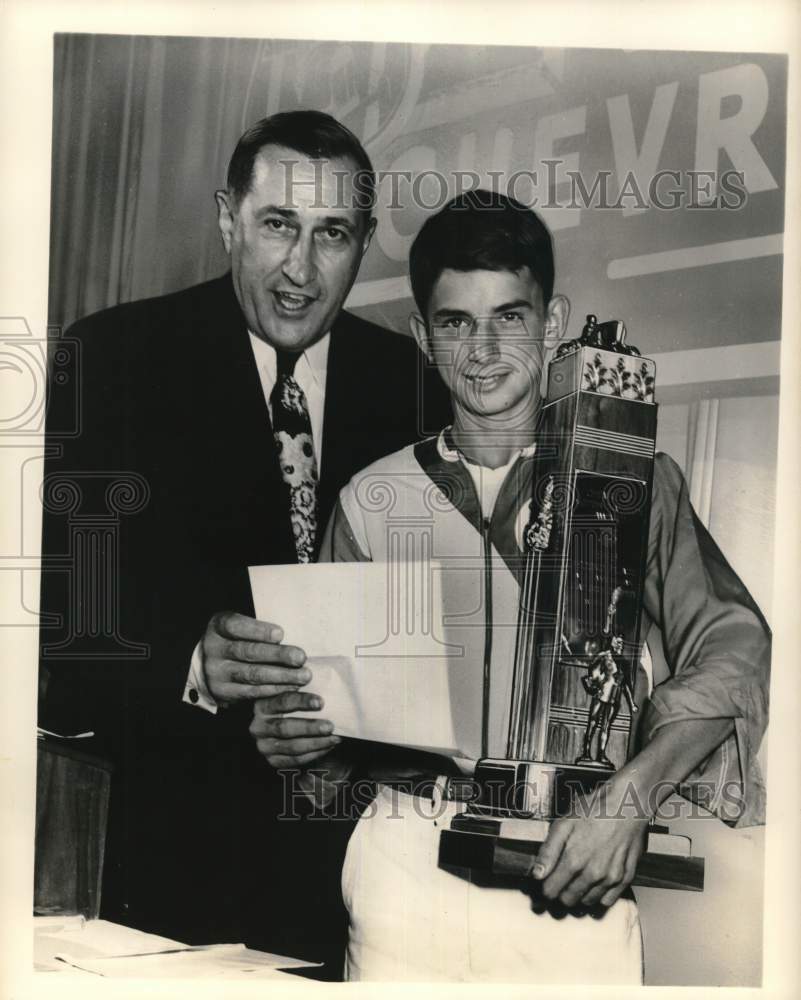 1949 Press Photo C.J. French awards trophy to soap box derby racer Gary Turley- Historic Images