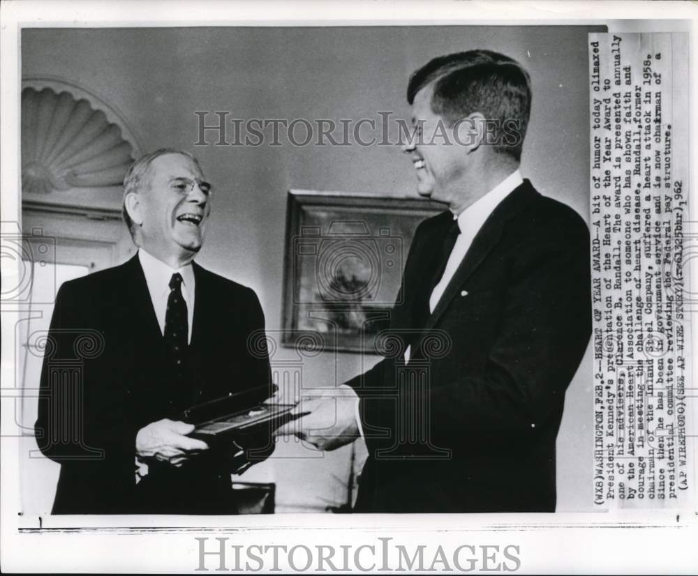 1962 Press Photo President Kennedy &amp; Clarence Randall with Heart of the Year, DC- Historic Images