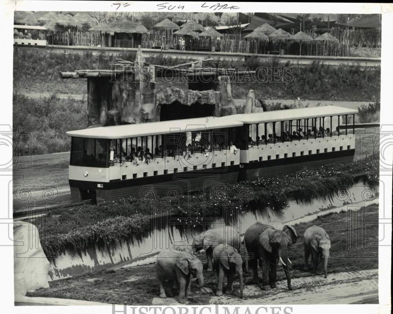 Load image into Gallery viewer, 1975 Press Photo Tourists on monorail by elephants at San Diego animal park, CA

