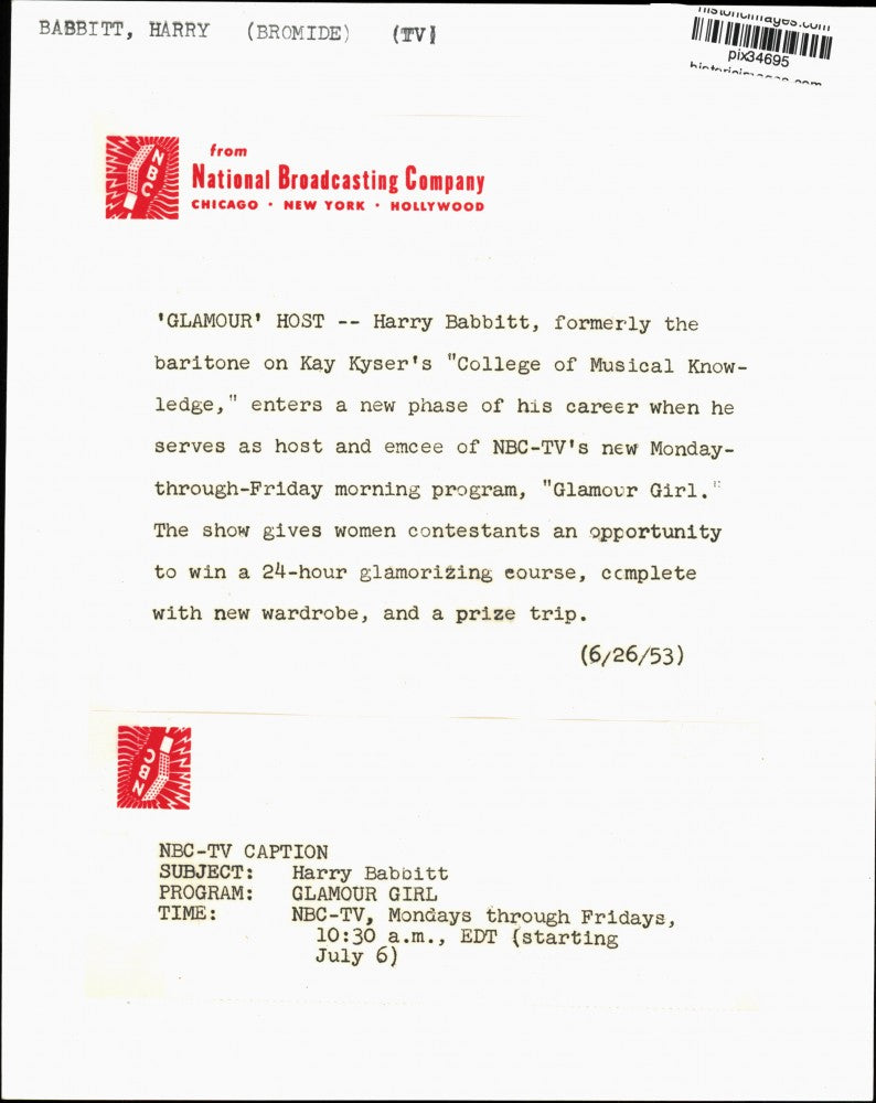 1953 Press Photo "Glamour Girl" host Harry Babbitt - pix34695