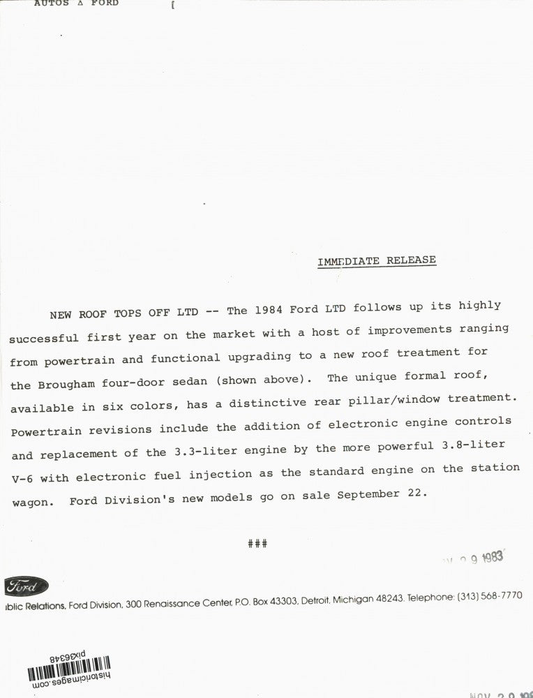 1983 Press Photo 1984 Ford Limited sedan - pix36348