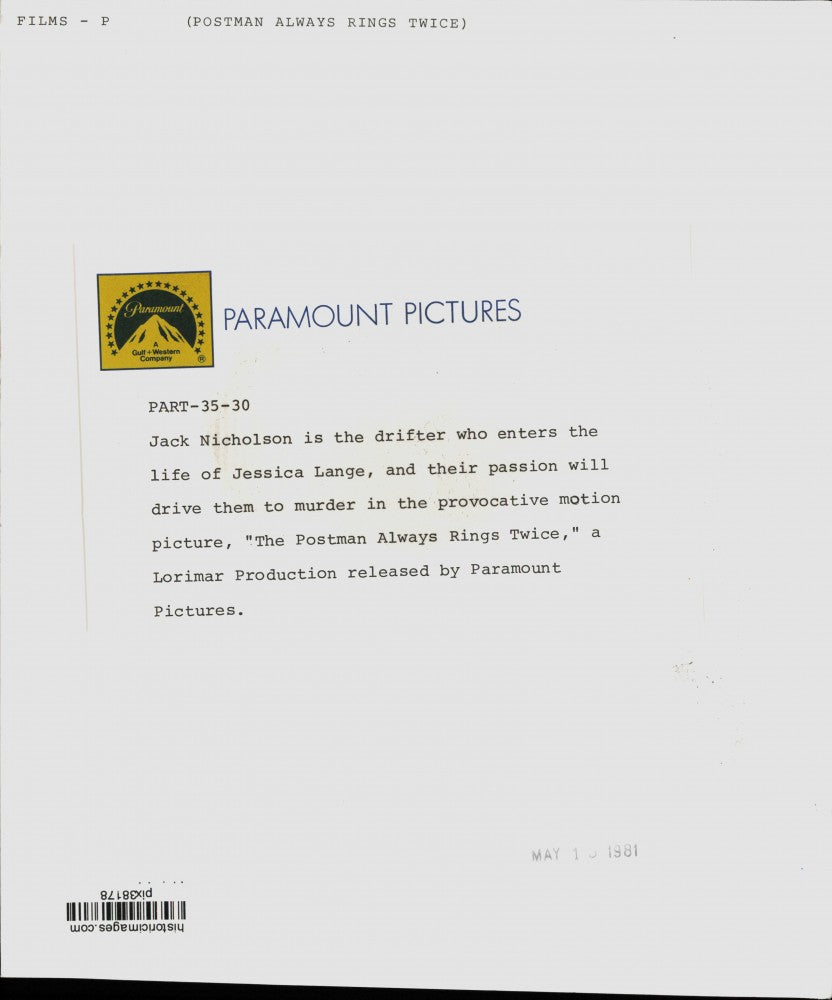 1981 Press Photo Jack Nicholson, Jessica Lange: "The Postman Always Rings Twice"