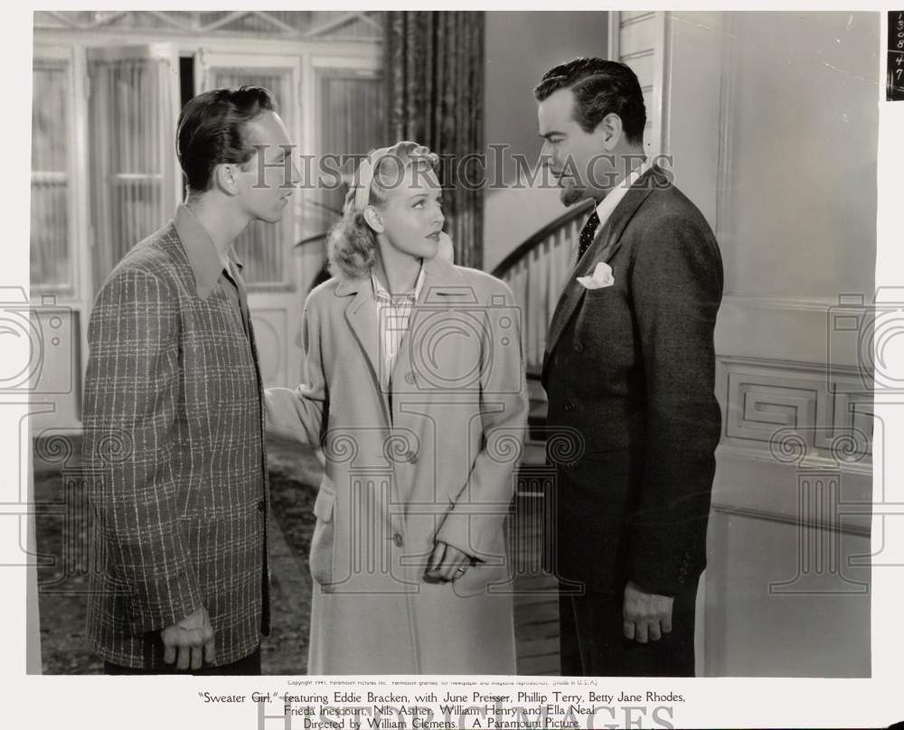 1941 Press Photo Betty J. Rhodes, Nils Asther & Johnny Johnston, "Sweater Girl"