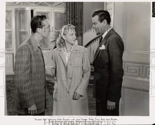 1941 Press Photo Betty J. Rhodes, Nils Asther & Johnny Johnston, "Sweater Girl"
