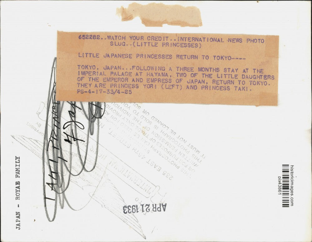 1933 Press Photo Young Princesses Yori and Taki return to Tokyo, Japan