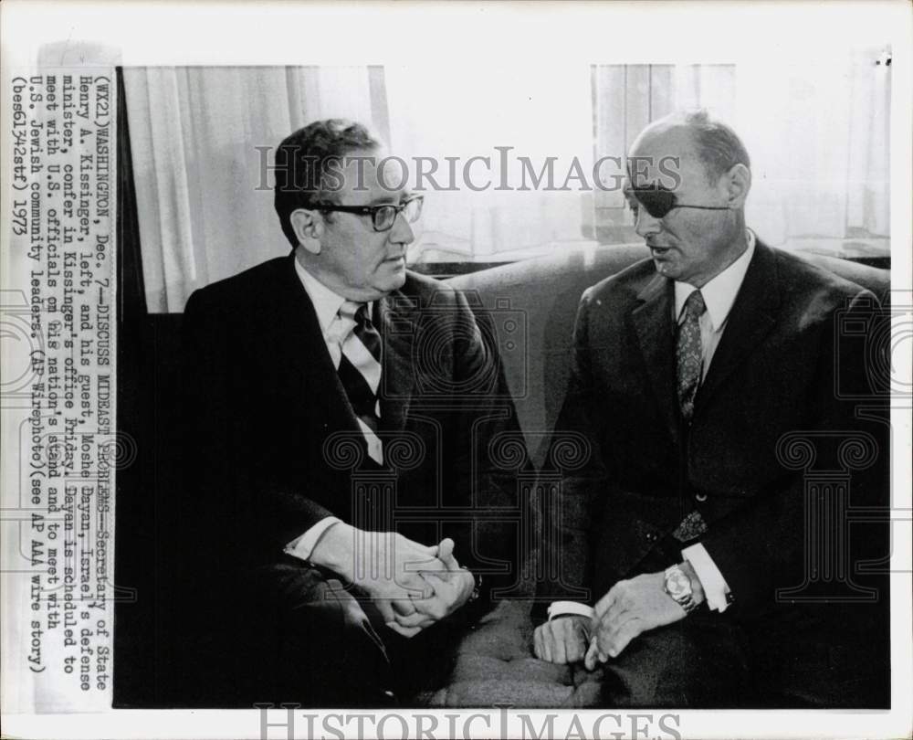 1973 Press Photo Henry Kissinger confers with Moshe Dayan at Washington office- Historic Images