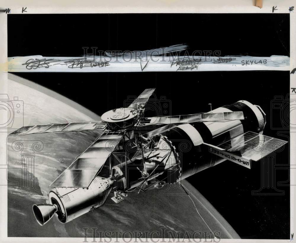 1973 Press Photo Drawing of Skylab space station circling above earth- Historic Images