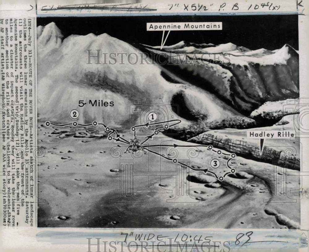 1971 Press Photo Drawing of three Apollo 15 excursions on lunar surface- Historic Images