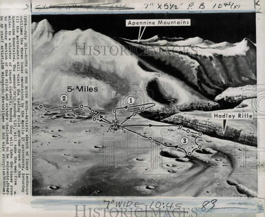 1971 Press Photo Drawing of three Apollo 15 excursions on lunar surface- Historic Images
