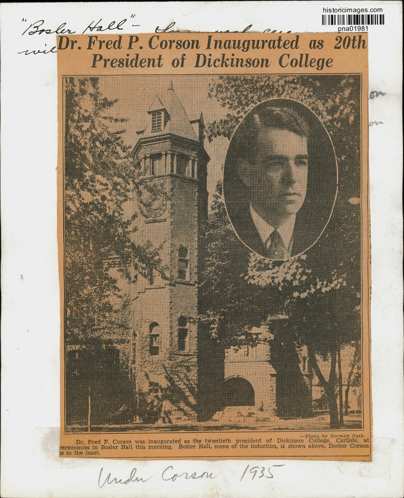 1935 Press Photo Dickinson College President Dr. Fred P. Corson and Bosler Hall