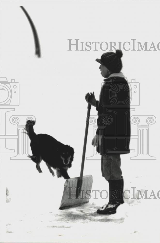 1982 Press Photo Person Shoveling Snow with Dog in New Cumberland, Pennsylvania