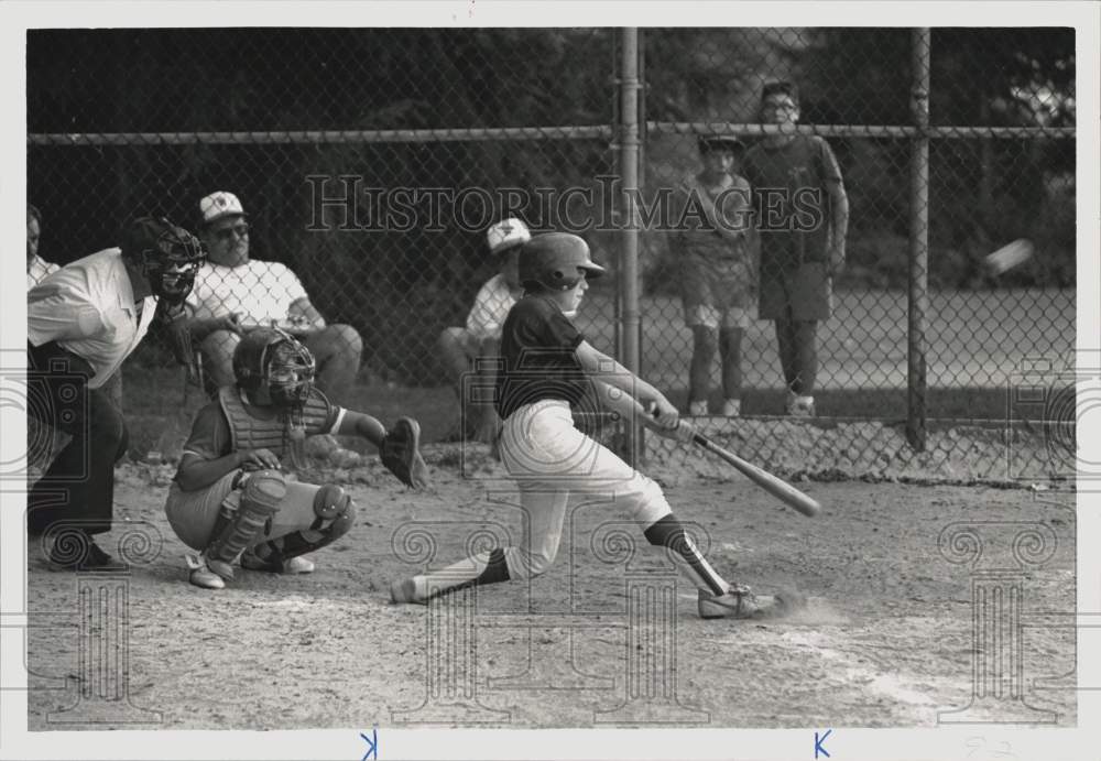 1990 Press Photo Baseball Player Angela Levarto at Bat with Catcher and Umpire- Historic Images