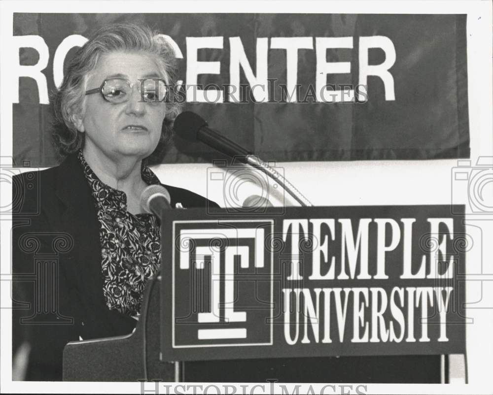 1987 Press Photo Provost Barbara Brownstein Speaking at Temple University