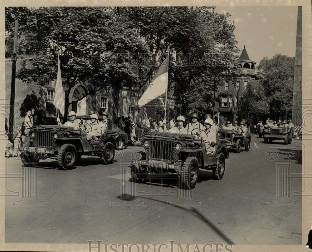 1951 Press Photo Military Soldiers Driving Jeeps at Parade - pnx00393- Historic Images