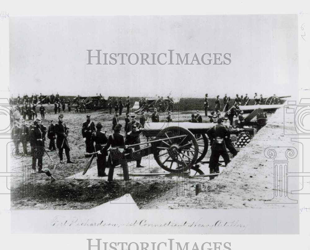 1990 Press Photo First Connecticut Artillery Unit Firing Canons During Civil War- Historic Images