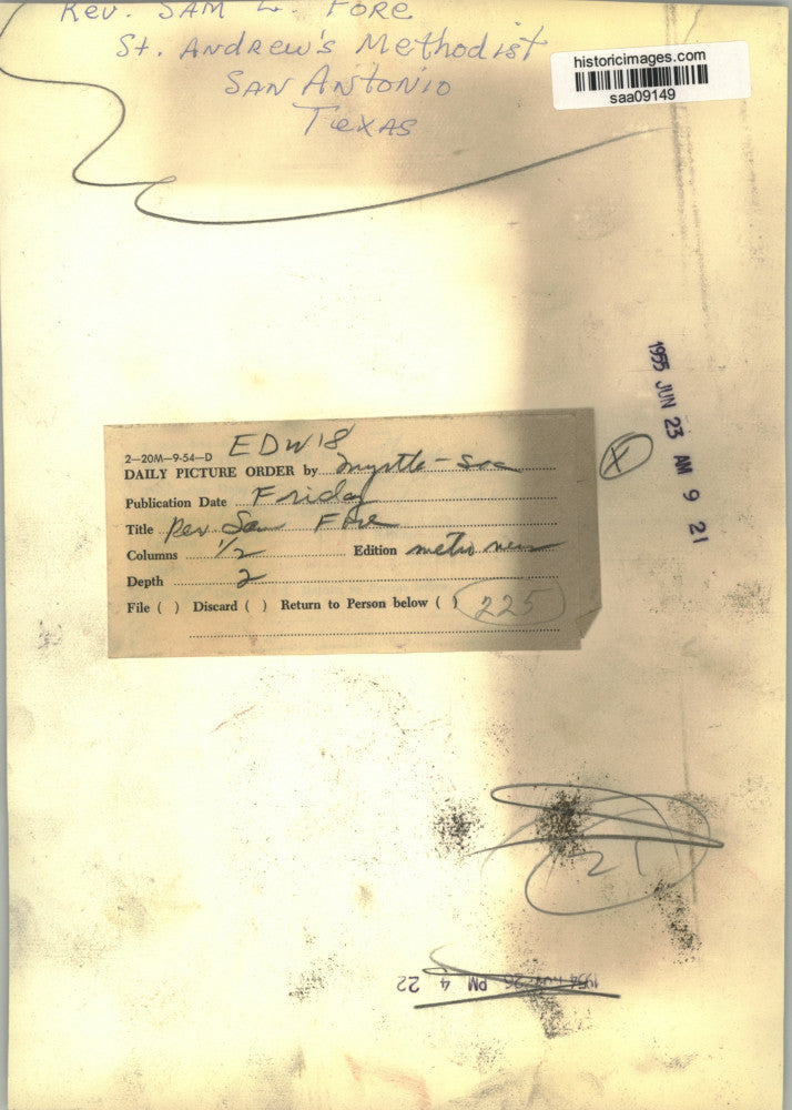 1955 Press Photo Reverend Sam L. Fore, St. Andrew's Methodist, San Antonio Texas