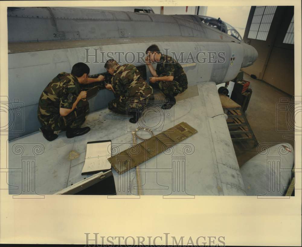 Press Photo Military Personnel Work on F4 Airplane at Kelly Air Force Base- Historic Images