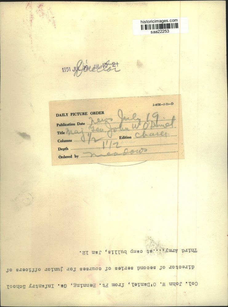 1951 Press Photo Colonel John W. O'Daniel, Infantry School Director - saa22253