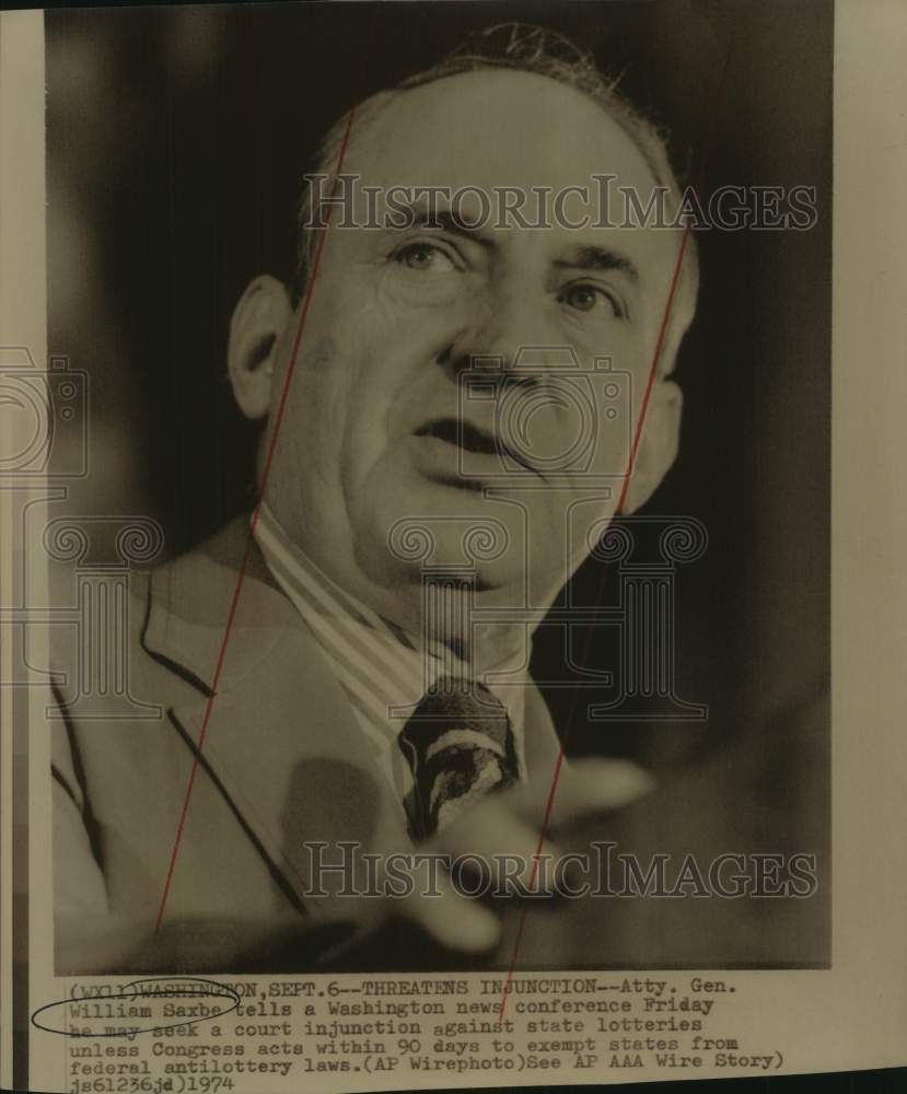 1974 Press Photo Attorney General William Saxbe at new conference, Washington