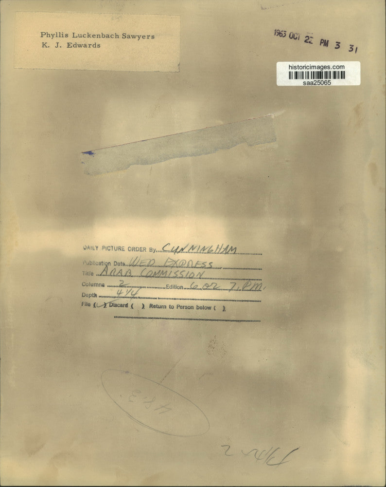 1963 Press Photo Phyllis Luckenbach Sawyers with K. J. Edwards, Arab Commission