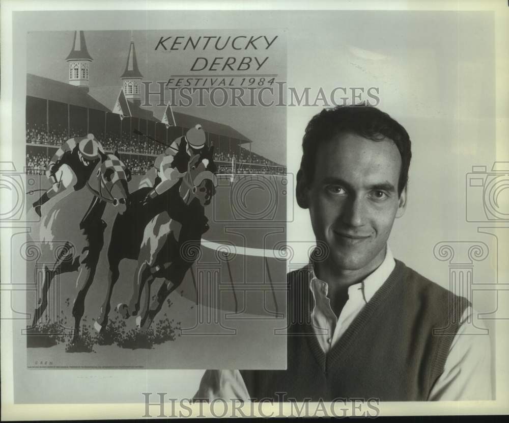 1984 Press Photo Artist Oren Sherman with 1984 Kentucky Derby poster, Louisville- Historic Images